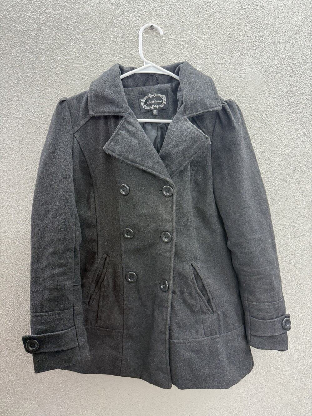 Ambiance Womens Peacoat Size Medium Gray Double Breasted Button Up Hooded